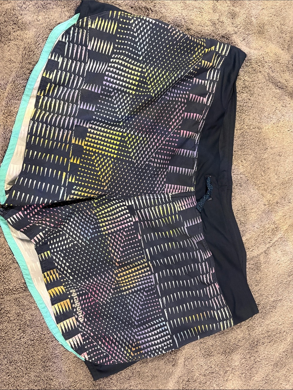 Patagonia Black Athletic Shorts with Multicolor Geo Print